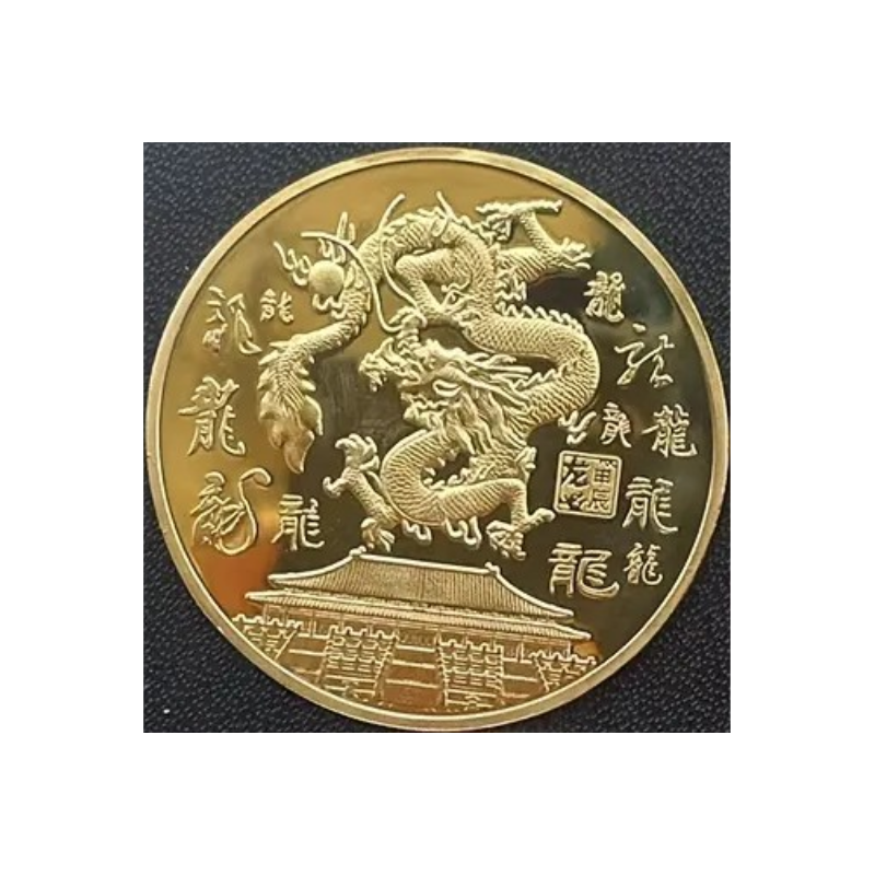 Munt - Chinese Feng Shui Draak met huis - Chinese Tekens - Goud