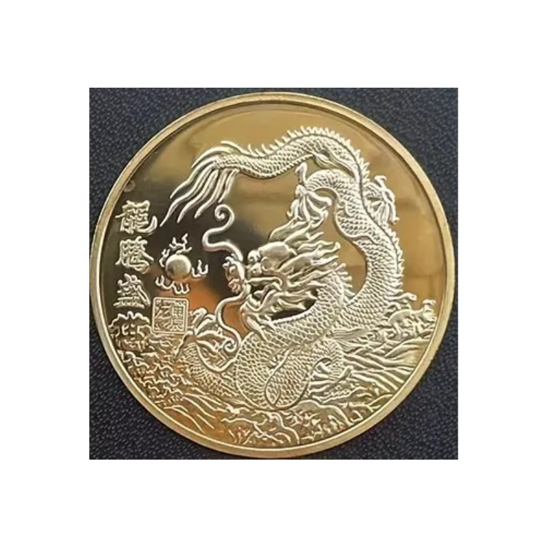 Kopie van Munt - Chinese Feng Shui Draak met orb - Chinese Tekens - Goud