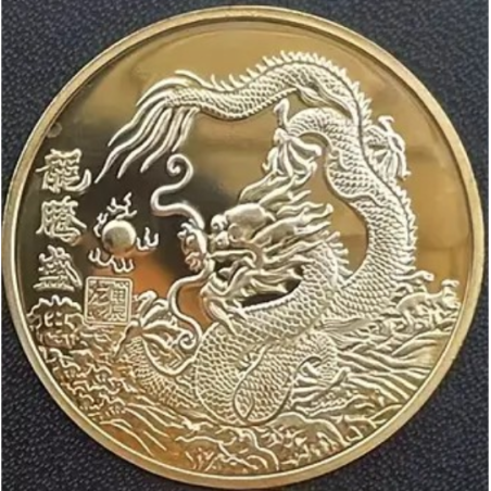 Kopie van Munt - Chinese Feng Shui Draak met orb - Chinese Tekens - Goud