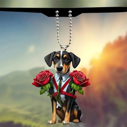 2D Acryl Hanger - Puppy met pak en 2 rozen