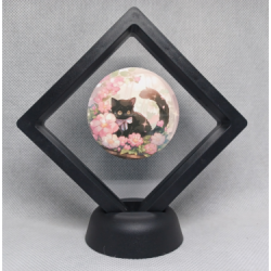 Kat roze bloemen - Zwarte Display 9x9 met sticker - Rond