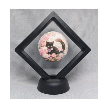 Kat roze bloemen - Zwarte Display 9x9 met sticker - Rond