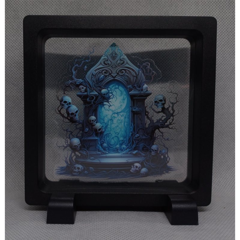 Blauwe Portal Schedels -  Vierkante Zwarte Display 11x11 met nacht sticker