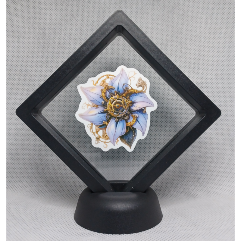 Paars Blauwe Bloem - Zwarte Display 9x9 met steampunk sticker