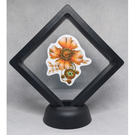 Oranje Bloem - Zwarte Display 9x9 met steampunk sticker