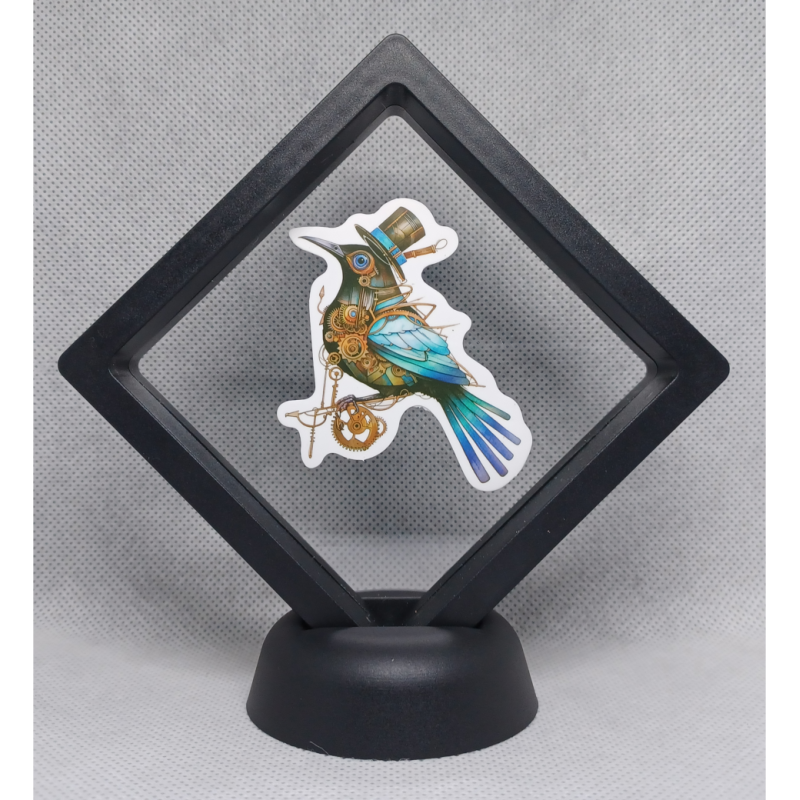 Vogel op Stok - Zwarte Display 9x9 met steampunk sticker