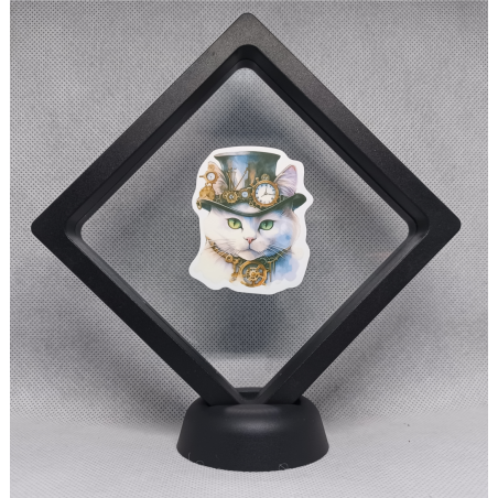 Witte Kat - Zwarte Display 11x11 met steampunk sticker