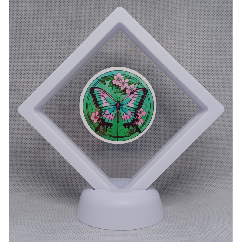 Groen Roze Vlinder - Witte Display 9x9 met een vlinder sticker