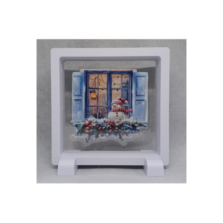 Raam Licht Sneeuwpop - Vierkante Witte Display 11x11 met kerst sticker