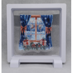 Raam Blauwe Gordijnen - Vierkante Witte Display 11x11 met kerst sticker