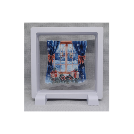 Raam Blauwe Gordijnen - Vierkante Witte Display 11x11 met kerst sticker