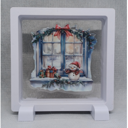 Blauw Raam Sneeuwpop - Vierkante Witte Display 11x11 met kerst sticker