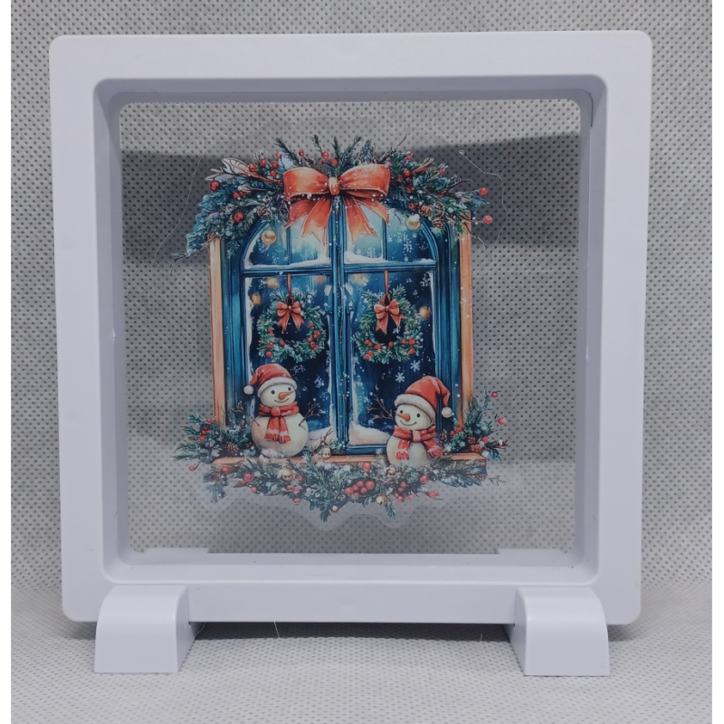 Raam 2 Sneeuwpopjes - Vierkante Witte Display 11x11 met kerst sticker