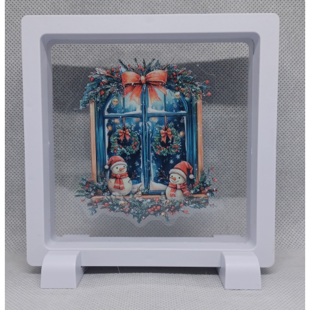 Raam 2 Sneeuwpopjes - Vierkante Witte Display 11x11 met kerst sticker