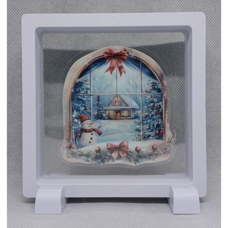 Raam Sneeuwpop Huis - Vierkante Witte Display 11x11 met kerst sticker