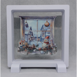 Raam Sneeuwpop Huizen - Vierkante Witte Display 11x11 met kerst sticker