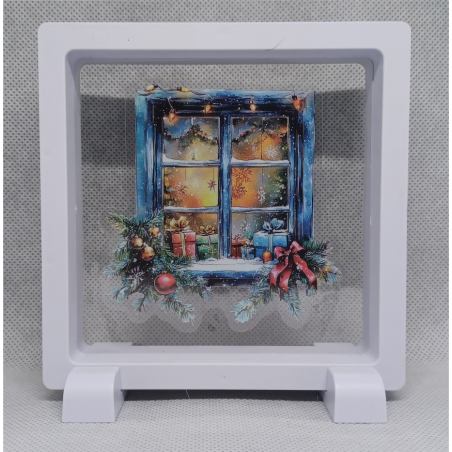 Raam Blauw Dennen - Vierkante Witte Display 11x11 met kerst sticker