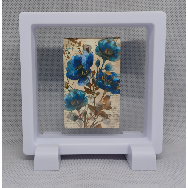 Blauwe Bloemen - Vierkante witte display 9x9 met zand B sticker