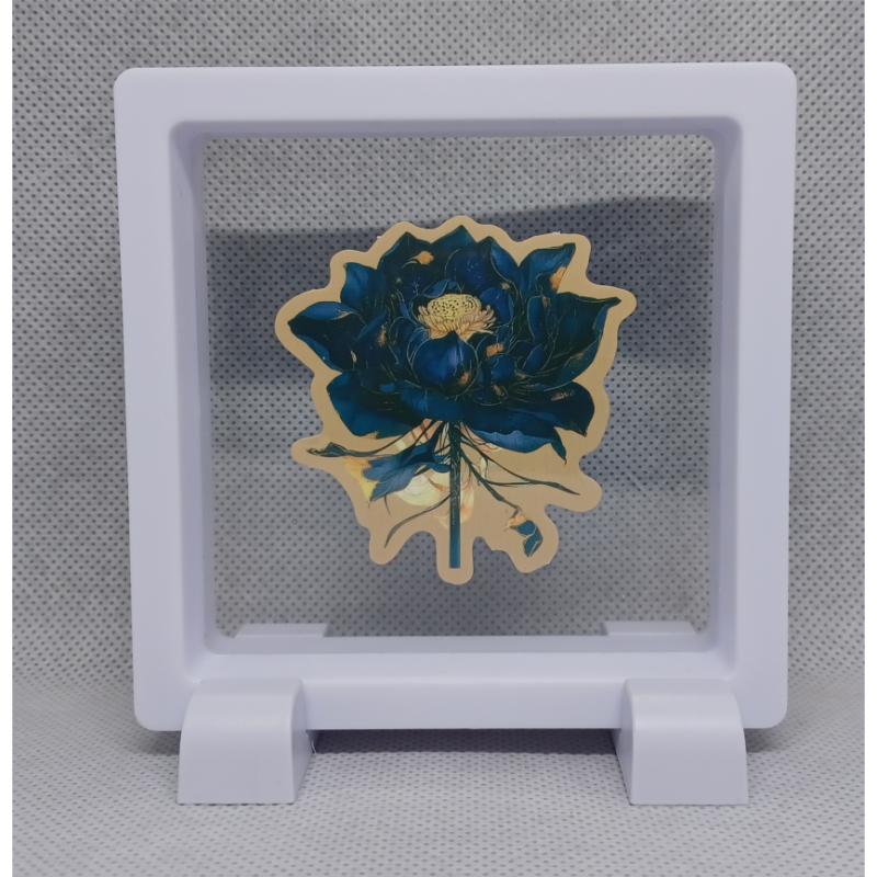 Blauwe Bloem - Vierkante witte display 9x9 met zand B sticker