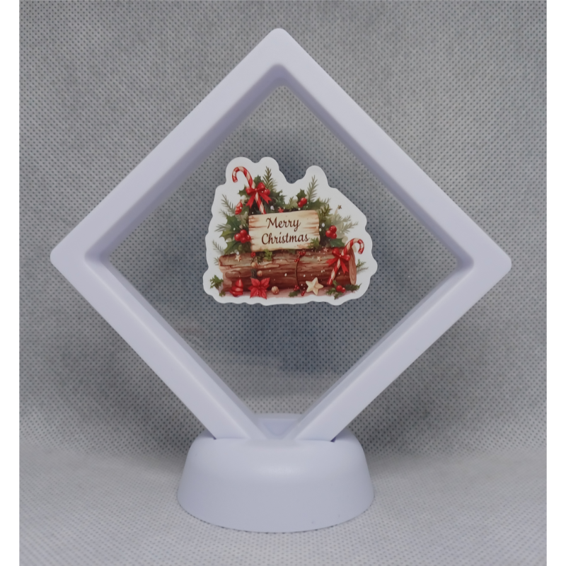 Hout Merry Christmas - Witte Display 9x9 met een kerst sticker