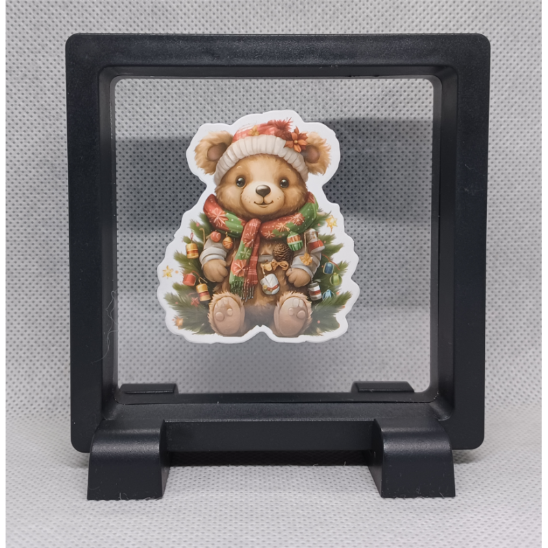 Bruine kerst beer - Vierkante Zwarte Display 9x9 met kerst sticker