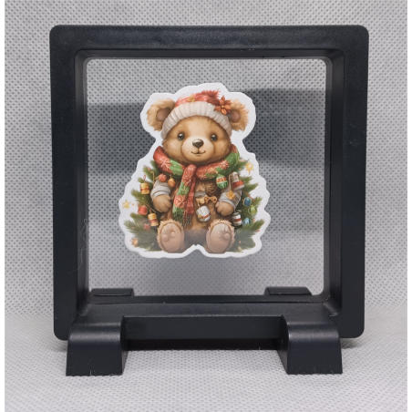 Bruine kerst beer - Vierkante Zwarte Display 9x9 met kerst sticker