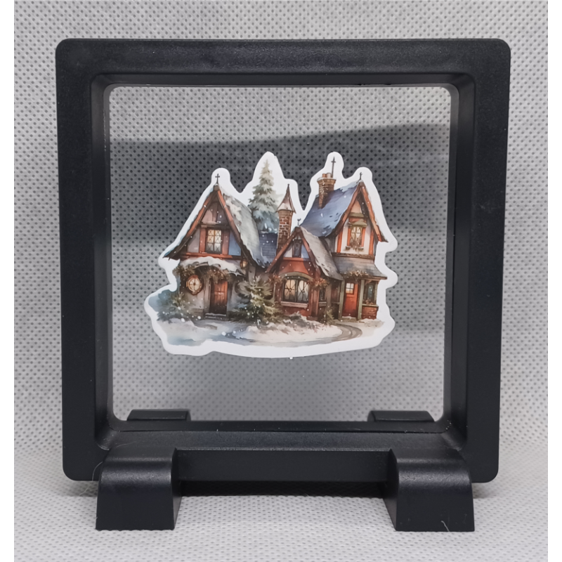 3 kerst huisjes - Vierkante Zwarte Display 9x9 met kerst sticker