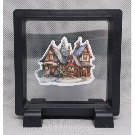 3 kerst huisjes - Vierkante Zwarte Display 9x9 met kerst sticker