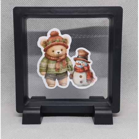 Beer en Sneeuwpop - Vierkante Zwarte Display 9x9 met kerst sticker