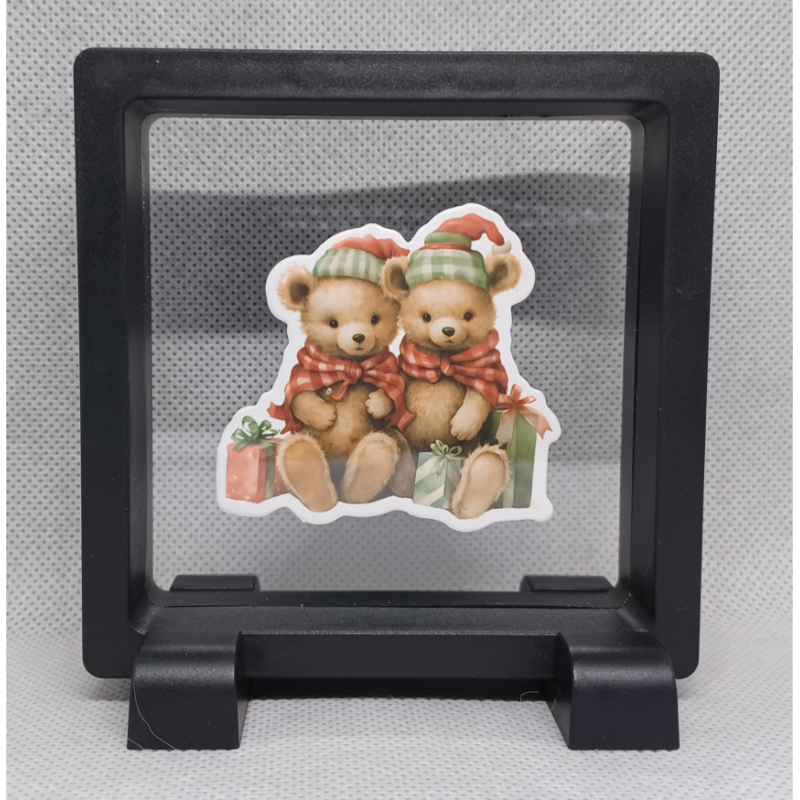 2 bruine beren - Vierkante Zwarte Display 9x9 met kerst sticker