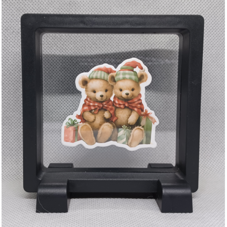 2 bruine beren - Vierkante Zwarte Display 9x9 met kerst sticker