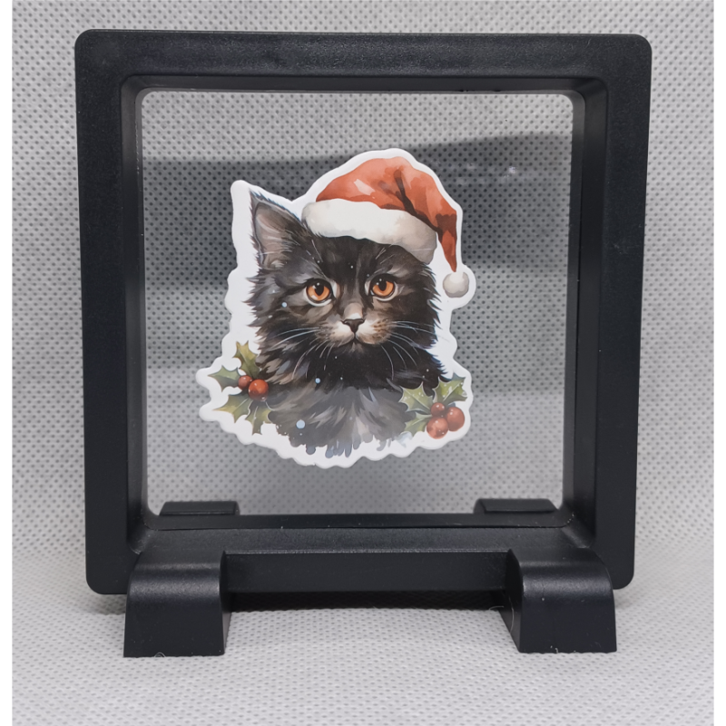 Zwarte Kerst Kat - Vierkante Zwarte Display 9x9 met kerst sticker