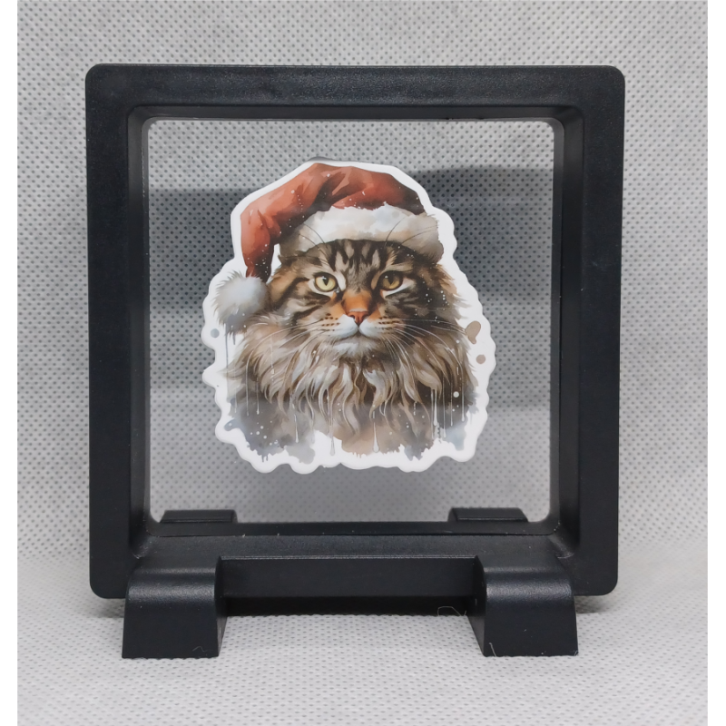 Kat met Kerstmuts - Vierkante Zwarte Display 9x9 met kerst sticker