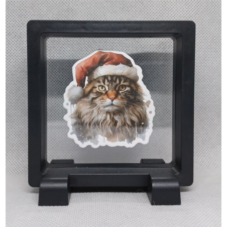 Kat met Kerstmuts - Vierkante Zwarte Display 9x9 met kerst sticker