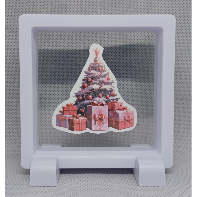 Roze Kerstboom - Vierkante Zwarte Display 9x9 met kerst sticker