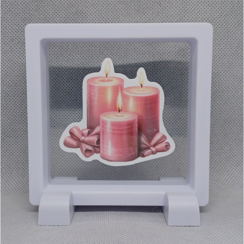 3 roze kaarsen - Vierkante Zwarte Display 9x9 met kerst sticker