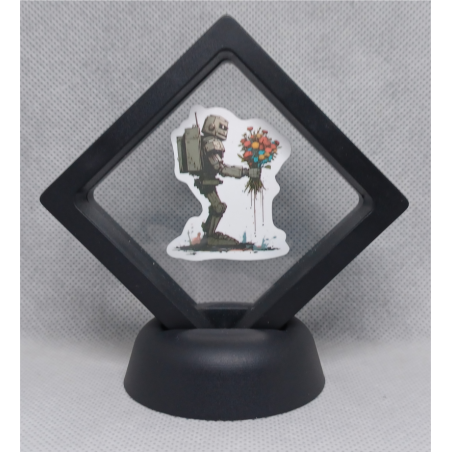 Robot met bloemen - Zwarte Display 7x7 met Banksy sticker