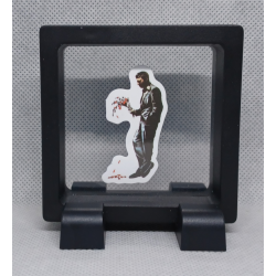 Man Vallende Bloemen - Vierkante Zwarte Display 7x7 met Banksy sticker