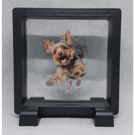 Yorkshire Terrier Jump - Vierkante Zwarte Display 9x9 met honden sticker