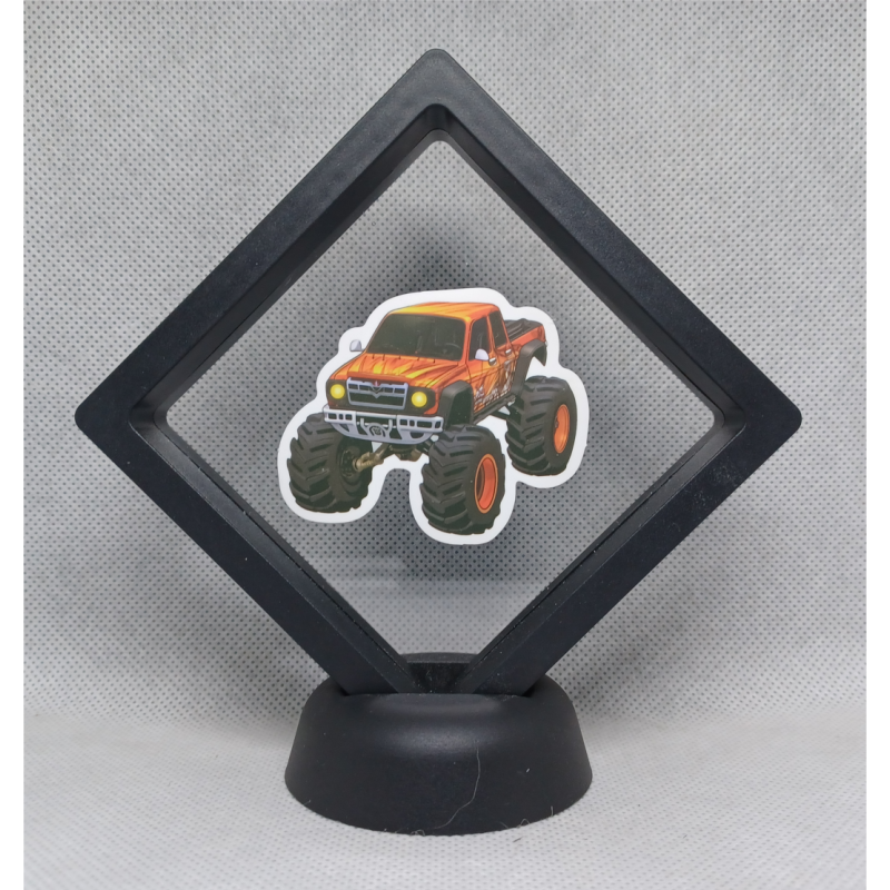 Oranje Monstertruck - Zwarte Display 9x9 met monstertruck sticker