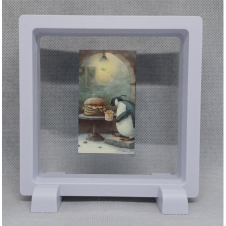 Pinguin Burger- Vierkante Witte Display 11x11 met vintage sticker